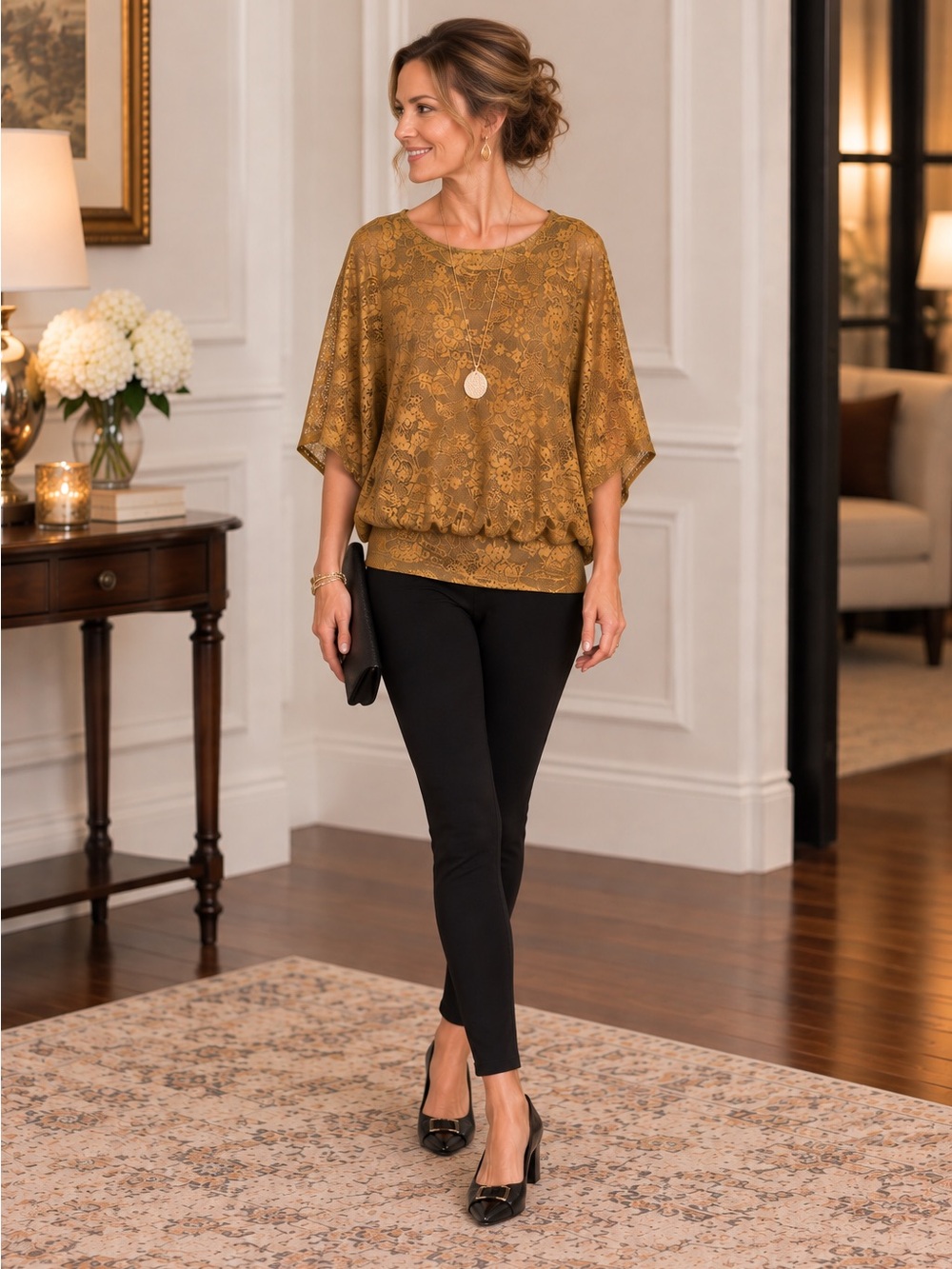 Style & Co. Golden/Caramel Lace  Blouson Top- Sz Med